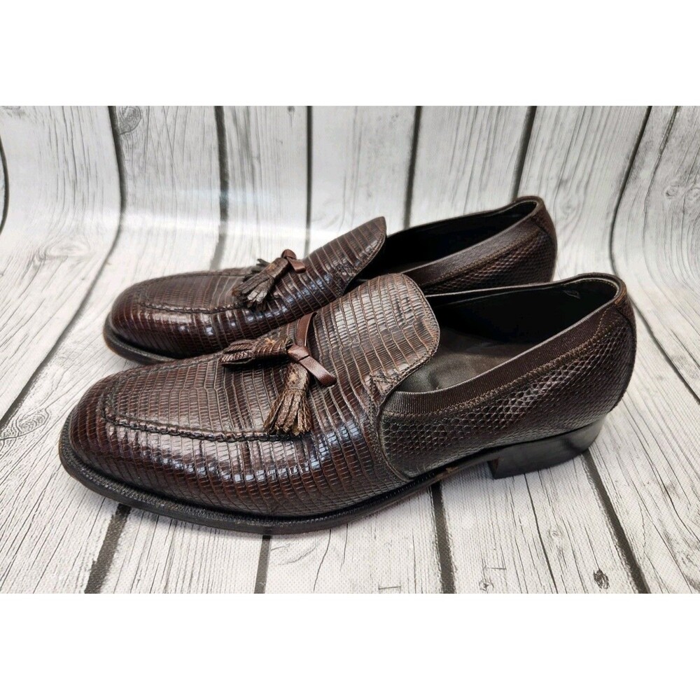 Vtg Johnston Murphy Handcrafted Lizard Skin Tassel Loafers 9.5 D/B Brown 25217